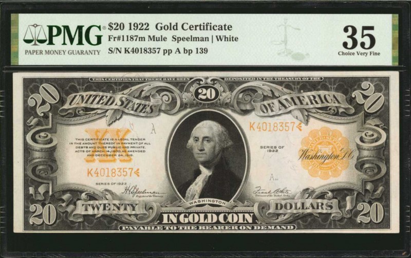 Gold Certificates

Fr. 1187m. 1922 $20 Gold Certificate Mule Note. PMG Choice ...