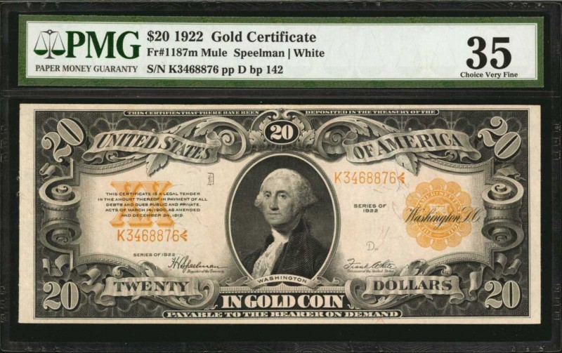 Gold Certificates

Fr. 1187m. 1922 $20 Gold Certificate Mule Note. PMG Choice ...