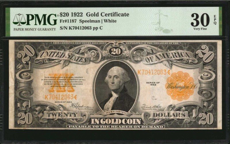 Gold Certificates

Fr. 1187. 1922 $20 Gold Certificate. PMG Very Fine 30 EPQ....