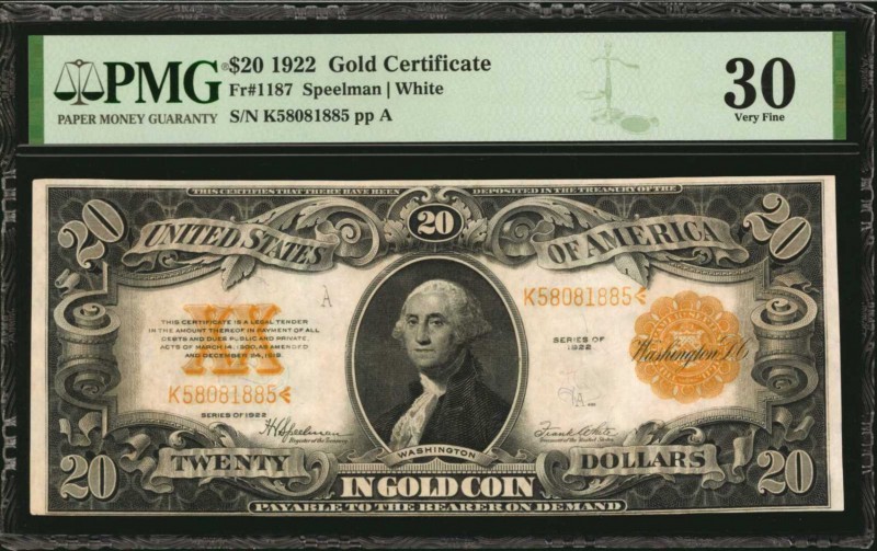 Gold Certificates

Fr. 1187. 1922 $20 Gold Certificate. PMG Very Fine 30.

G...
