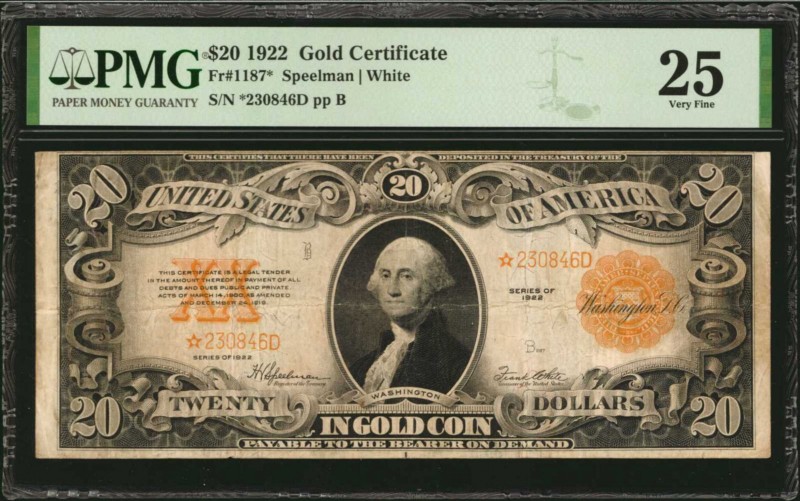 Gold Certificates

Fr. 1187*. 1922 $20 Gold Certificate Star Note. PMG Very Fi...