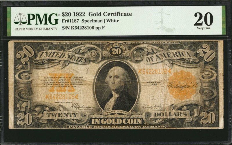 Gold Certificates

Fr. 1187. 1922 $20 Gold Certificate. PMG Very Fine 20.

A...