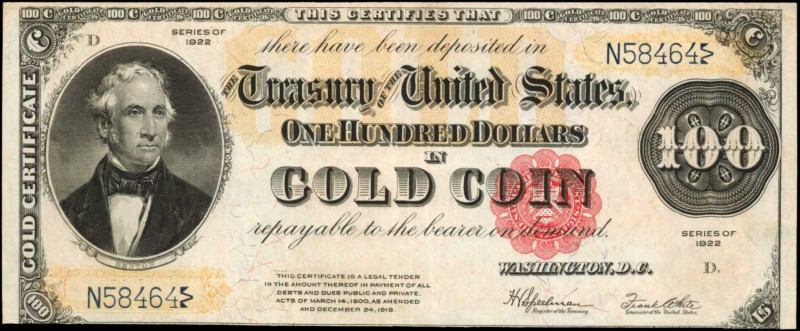 Gold Certificates

Fr. 1215. 1922 $100 Gold Certificate. Very Fine.

Bright ...