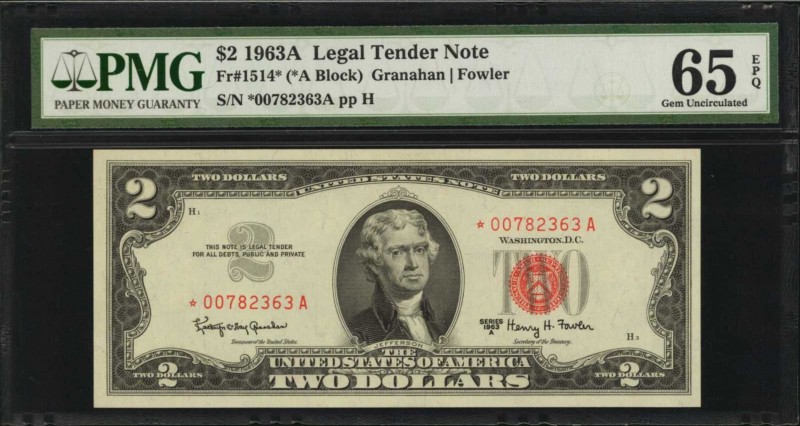 Legal Tender Notes

Fr. 1514*. 1963A $2 Legal Tender Star Note. PMG Gem Uncirc...