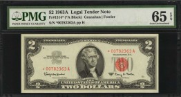 Legal Tender Notes

Fr. 1514*. 1963A $2 Legal Tender Star Note. PMG Gem Uncirculated 65 EPQ.

Wide margins and bright paper stand out on this Gem ...