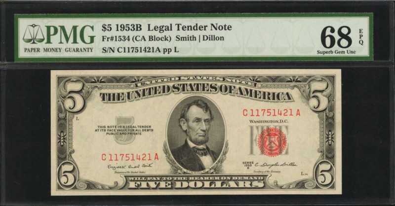 Legal Tender Notes

Fr. 1534. 1953B $5 Legal Tender Note. PMG Superb Gem Uncir...