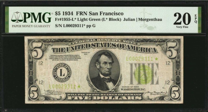 Federal Reserve Notes

Fr. 1955-L*. 1934 $5 Federal Reserve Star Note. San Fra...