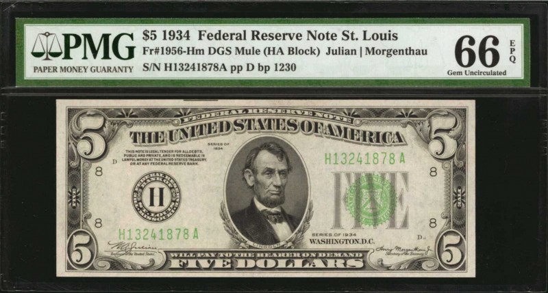 Federal Reserve Notes

Fr. 1956-Hm. 1934 $5 Federal Reserve Mule Note. PMG Gem...