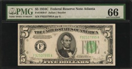 Federal Reserve Notes

Fr. 1959-F. 1934C $5 Federal Reserve Note. Atlanta. PMG Gem Uncirculated 66.

A lovely Gem example of this 1934C $5 from th...
