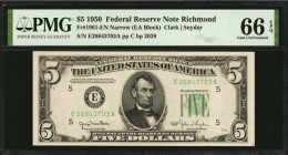 Federal Reserve Notes

Fr. 1961-EN. 1950 $5 Federal Reserve Note. Narrow. Richmond. PMG Gem Uncirculated 66 EPQ.

Narrow variety. Found with brigh...
