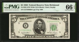 Federal Reserve Notes

Fr. 1961-EWi. 1950 $5 Federal Reserve Note. Wide I. Richmond. PMG Gem Uncirculated 66 EPQ.

Wide I variety. A visually plea...