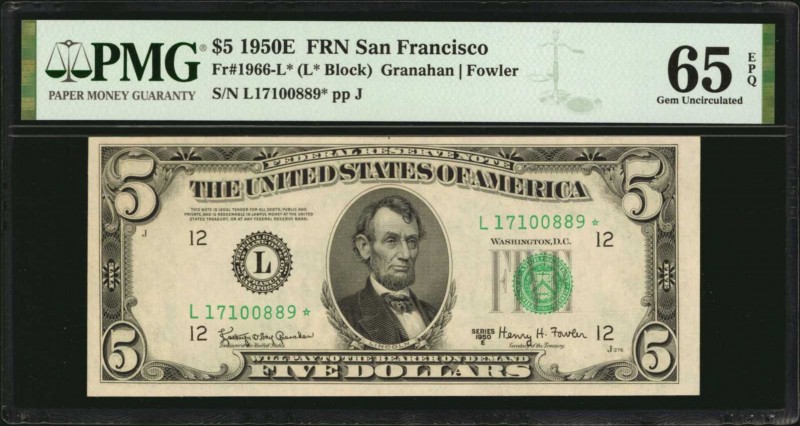 Federal Reserve Notes

Fr. 1966-L*. 1950E $5 Federal Reserve Star Note. San Fr...