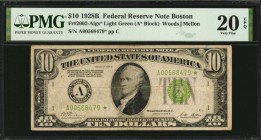 Federal Reserve Notes

Fr. 2002-Algs*. 1928B $10 Federal Reserve Star Note. Boston. PMG Very Fine 20 EPQ.

A scarce and highly desirable light gre...