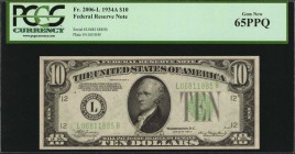 Federal Reserve Notes

Fr. 2006-L. 1934A $10 Federal Reserve Note. San Francisco. PCGS Currency Gem New 65 PPQ.

Attractive centering, good emboss...