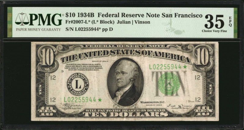 Federal Reserve Notes

Fr. 2007-L*. 1934B $10 Federal Reserve Star Note. San F...