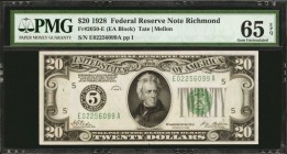 Federal Reserve Notes

Fr. 2050-E. 1928 $20 Federal Reserve Note. Richmond. PMG Gem Uncirculated 65 EPQ.

A Gem example of this Numeric $20 from t...