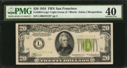 Federal Reserve Notes

Fr. 2054-Llgs*. 1934 $20 Federal Reserve Star Note. San Francisco. PMG Extremely Fine 40.

PMG has graded just four example...