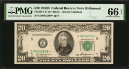 Federal Reserve Notes

Fr. 2061-E*. 1950B $20 Federal Reserve Star Note. Richmond. PMG Gem Uncirculated 66 EPQ.

An attractive high grade example ...