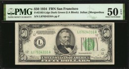 Federal Reserve Notes

Fr. 2102-Ldgs. 1934 $50 Federal Reserve Note. San Francisco. PMG About Uncirculated 50 EPQ.

Dark green seal. An About unci...
