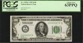 Federal Reserve Notes

Fr. 2150-E. 1928 $100 Federal Reserve Note. Richmond. PCGS Currency Choice New 63 PPQ.

An early Numeric small size $100, w...
