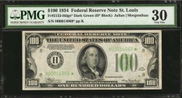 Federal Reserve Notes

Fr. 2152-Hdgs*. 1934 $100 Federal Reserve Star Note. St. Louis. PMG Very Fine 30.

A Very Fine example of this replacement ...