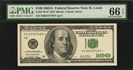Federal Reserve Notes

Lot of (2) Fr. 2179-H*. 2003A $100 Federal Reserve Star Notes. St. Louis. PMG Gem Uncirculated 66 EPQ. Consecutive.

A cons...