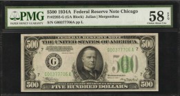 Federal Reserve Notes

Fr. 2202-G. 1934A $500 Federal Reserve Note. Chicago. PMG Choice About Uncirculated 58 EPQ.

This note is consecutive to th...