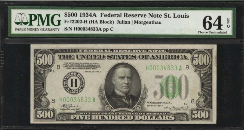 Federal Reserve Notes

Fr. 2202-H. 1934A $500 Federal Reserve Note. St. Louis....