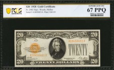 Gold Certificates

Fr. 2402. 1928 $20 Gold Certificate. PCGS Banknote Superb Gem Uncirculated 67 PPQ.

A grade incredibly difficult to secure on t...