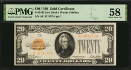 Gold Certificates

Fr. 2402. 1928 $20 Gold Certificate. PMG Choice About Uncirculated 58.

Bright paper and gold overprints stand out on this 1928...