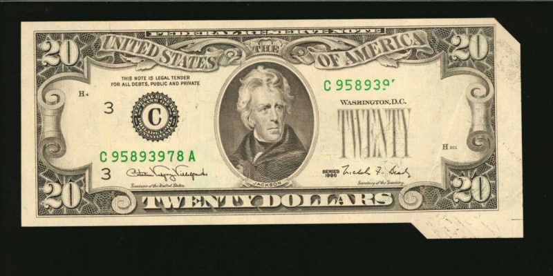 Foldovers

Fr. 2077-C. 1990 $20 Federal Reserve Note. Philadelphia. Choice Unc...