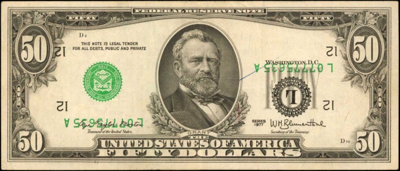 Inverted Third Printings

Fr. 2119-L. 1977 $50 Federal Reserve Note. San Franc...