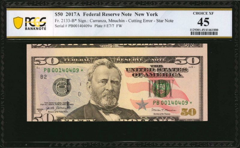 Miscellaneous Errors

Fr. 2133-B*. 2017A $50 Federal Reserve Star Note. New Yo...