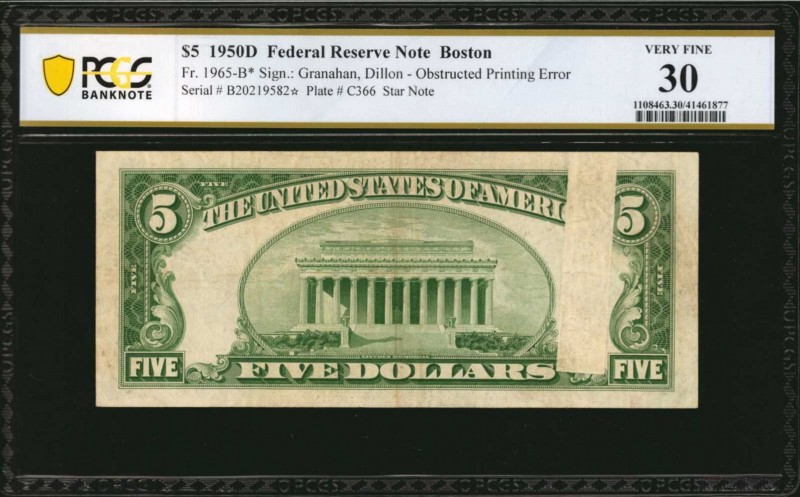 Obstruction Errors

Fr. 1965-B*. 1950D $5 Federal Reserve Star Note. Boston. P...