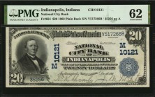 Indiana

Indianapolis, Indiana. $20 1902 Plain Back. Fr. 654. National City Bank. Charter #10121. PMG Uncirculated 62.

Bright paper and a bold de...