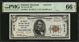 Maryland

Oakland, Maryland. $5 1929 Ty. 2. Fr. 1800-2. The Garrett NB. Charter #13776. PMG Gem Uncirculated 66 EPQ.

A highly attractive example ...