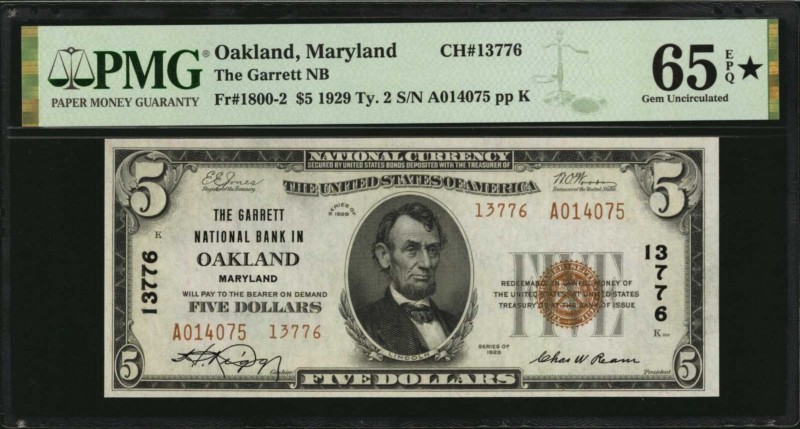 Maryland

Oakland, Maryland. $5 1929 Ty. 2. Fr. 1800-2. The Garrett NB. Charte...