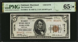 Maryland

Oakland, Maryland. $5 1929 Ty. 2. Fr. 1800-2. The Garrett NB. Charter #13776. PMG Gem Uncirculated 65 EPQ*.

This Maryland national has ...