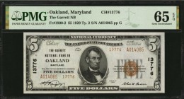 Maryland

Oakland, Maryland. $5 1929 Ty. 2. Fr. 1800-2. The Garrett NB. Charter #13776. PMG Gem Uncirculated 65 EPQ.

A lovely Type 2 $5 which off...