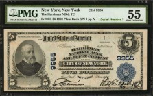New York

New York, New York. 1902 Plain Back $5 Fr. 601. The Harriman NB & TC. Charter #9955. PMG About Uncirculated 55. Serial Number 1.

The sc...