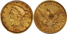 Liberty Head Half Eagle

1861 Liberty Head Half Eagle. AU-53 (PCGS).

PCGS# 8288. NGC ID: 25VK.

Estimate: $ 600