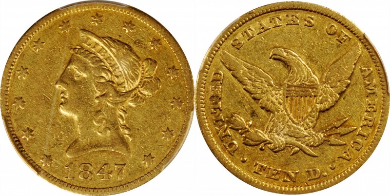 Liberty Head Eagle

1847 Liberty Head Eagle. VF-35 (PCGS).

PCGS# 8597. NGC ...