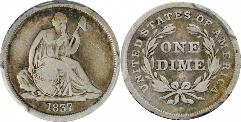 Liberty Seated Dime

1837 Liberty Seated Dime. No Stars. Large Date. Fine-12 (...