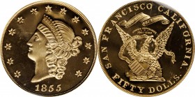 Kellogg & Co. $50

"1855" Kellogg & Co. $50. Commemorative Restrike. Struck September 3, 2001. Gem Proof (PCGS).

Ex S.S. Central America Gold.
...