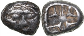Mysia - Parion AR Drachm (circa 550-520 BC)
2.88 g. 13mm. F/VF Facing head of gorgoneion with open mouth and protruding tongue / Irregular incuse pun...