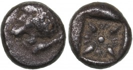 Ionia - Miletos AR Diobol - (circa 520-450 BC)
1.12 g. 9mm. VF/VF Forepart of roaring lion to left. / Stellate pattern within incuse square.