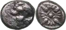 Ionia - Miletos AR Diobol - (circa 520-450 BC)
0.94 g. 8mm. F/VF Forepart of roaring lion to left. / Stellate pattern within incuse square.