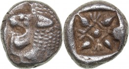 Ionia - Miletos AR Diobol - (circa 520-450 BC)
1.11 g. 9mm. XF/XF Forepart of roaring lion to left. / Stellate pattern within incuse square.
