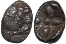 Ionia - Miletos AR Diobol - (circa 520-450 BC)
1.08 g 11mm. XF/XF Forepart of roaring lion to right. / Stellate pattern within incuse square.