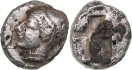 Ionia - Phokaia AR Diobol - (circa 500-480 BC)
1.10 g. 10mm. VF/VF Female head to left, wearing helmet or close fitting cap / Rough incuse square.